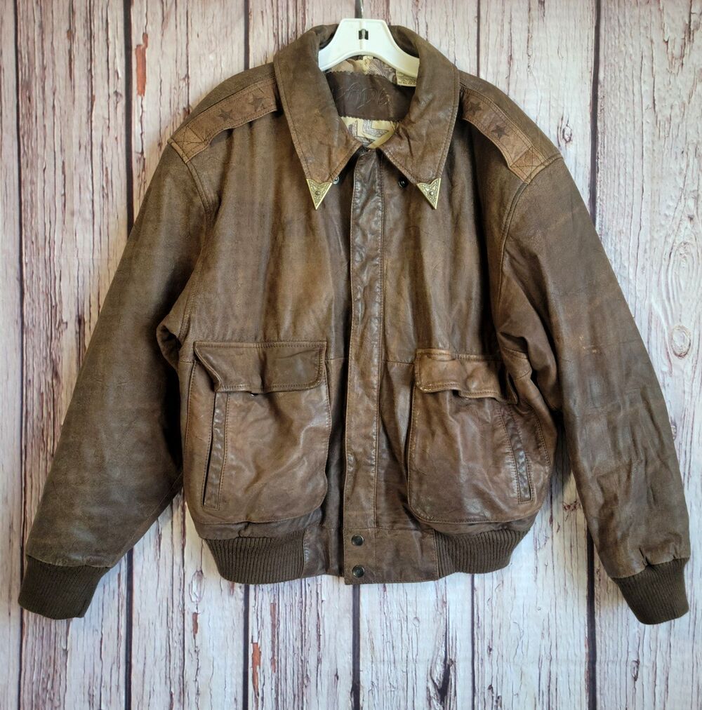 Genuine Leather Brown Mens Large Full Zip Bomber Jacket Vintage 80s Badge 1980s